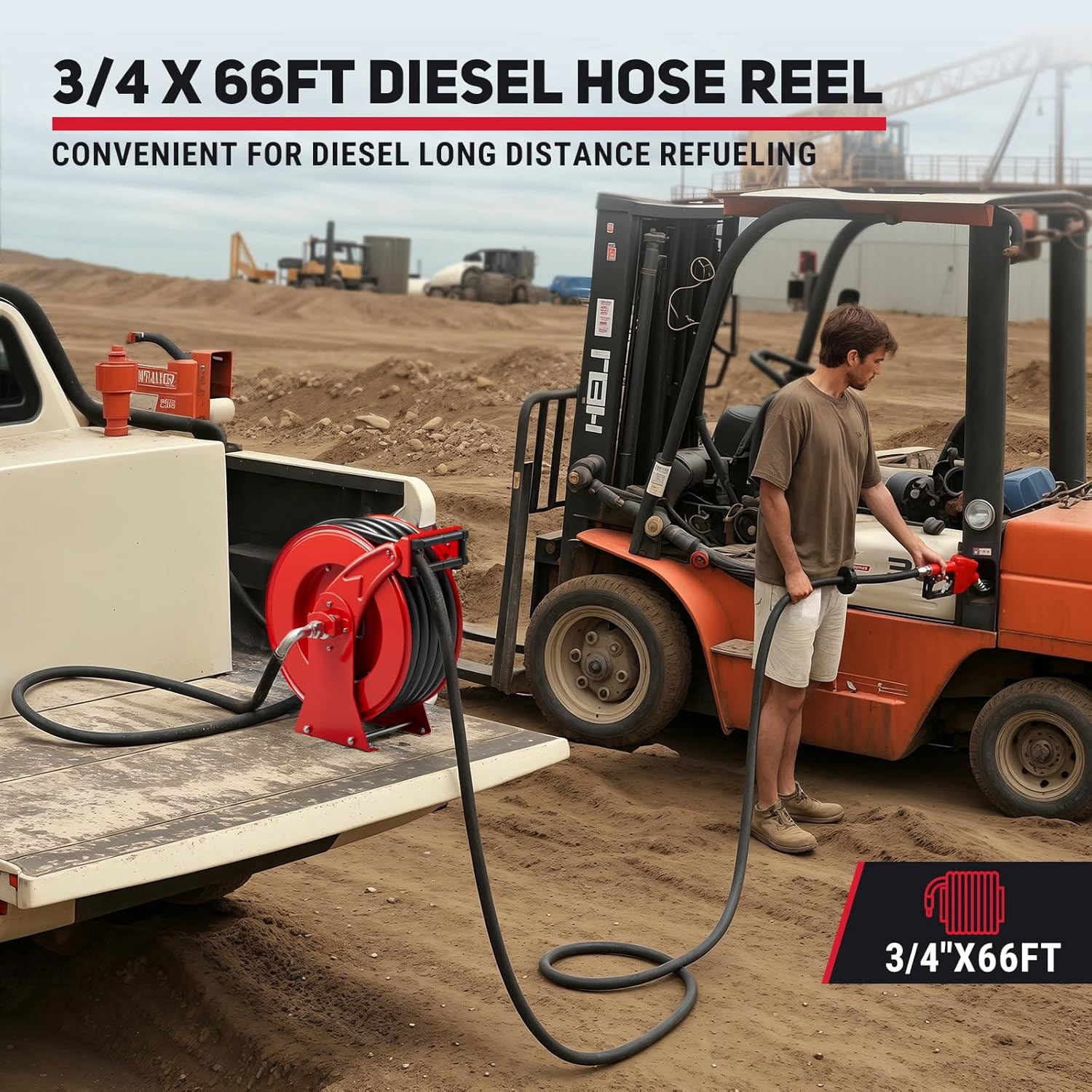 Fuel Hose Reel Retractable, 3/4" x 66FT with Fueling Nozzle, Auto Rewind Spring Driven Diesel Hose Reel, 300PSI Industrial Heavy Duty Steel Construction Reel for Farm Aircraft Ship Vehicle Trailer