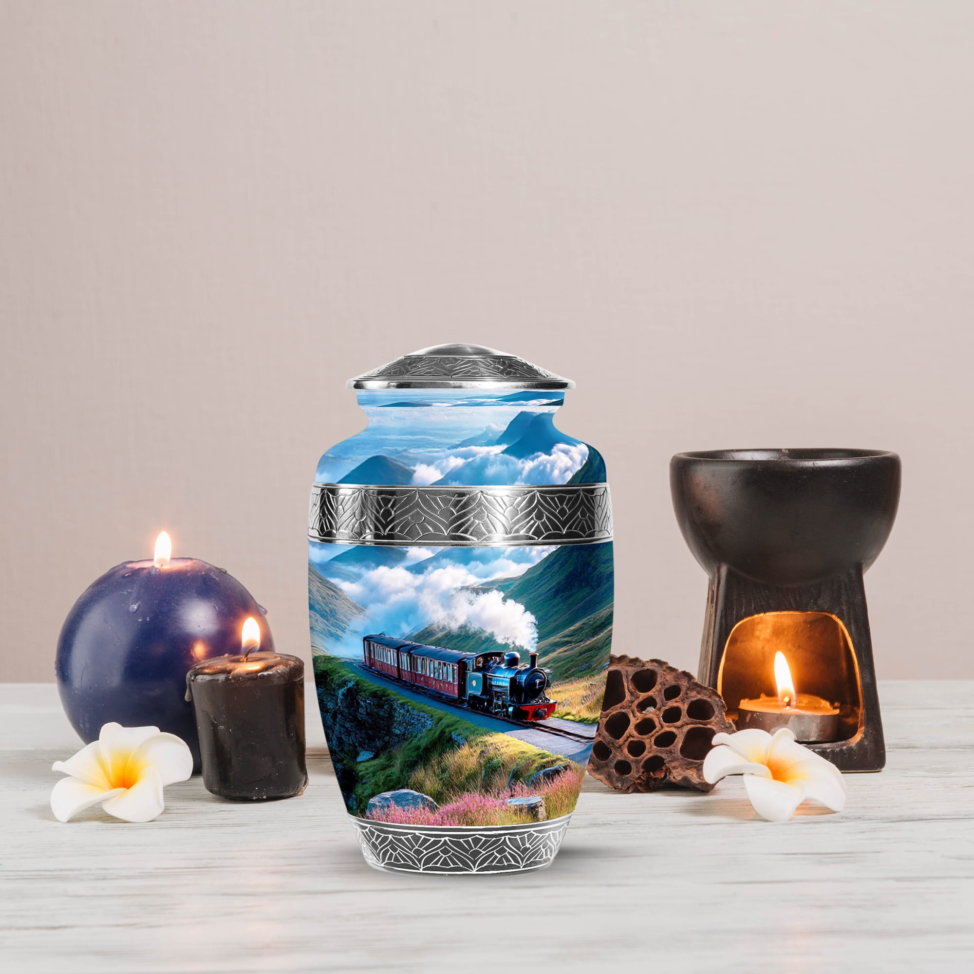 MUKTIVE Train Cremation Urns for Human Ashes Adult Female, Large Funeral Urns for Adult Male, Decorative Burial Urn for Father & Mother, Memorial Urn for Ashes for Men & Women, 10 Inch