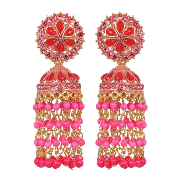 Crunchy Fashion Bollywood Jewellery Traditional Ethnic Bridal Bride Wedding Bridesmaid Crunchy Fashion Gold-Plated Pink Beads & Tassel Ethnic Jhumka Earrings