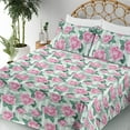 thumbnail image 3 of Ambesonne Blooming Roses Fitted & Flat Sheet with Sham 3 Pcs Set, Boho Floral Vintage, Twin XL, Pastel Pink Jade Green, 3 of 5