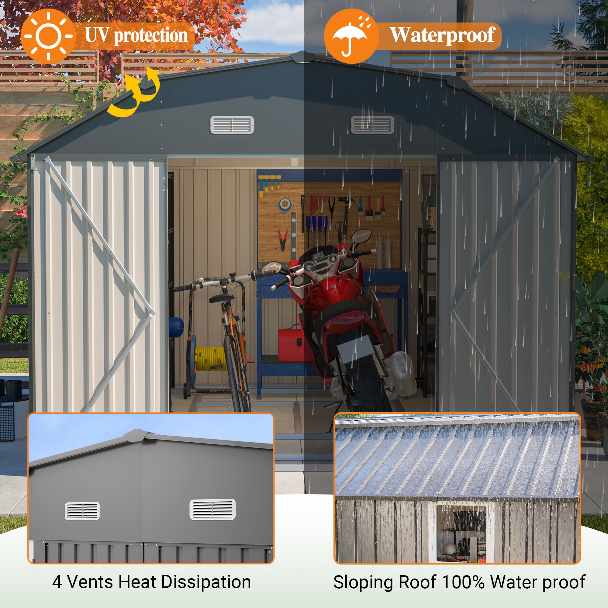 LZBEITEM 10' x 12' Metal Outdoor Storage Shed with Floor Frame Kit, Tool Shed Heavy Duty with Window and Lockable Door for Garden Backyard, 10.24 Psf