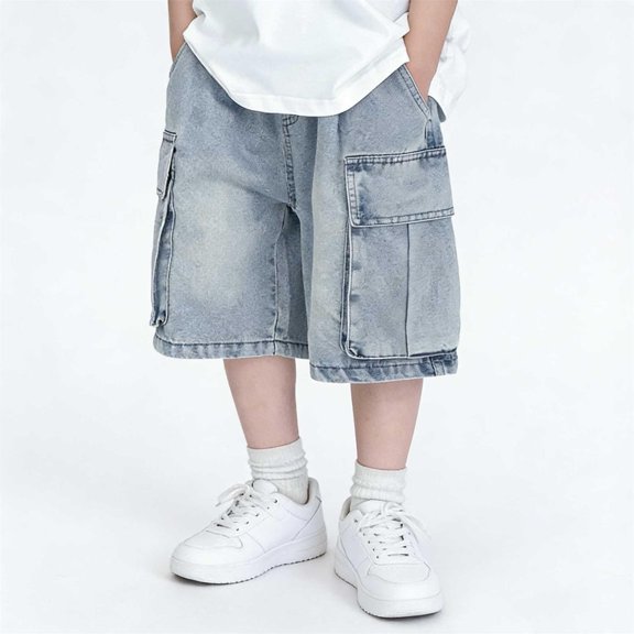 Crunowin Boys Cargo Denim Shorts Solid Color Workwear Inspired Durable Comfortable Outdoor Casual Jeans Blue Size 9-10 Years