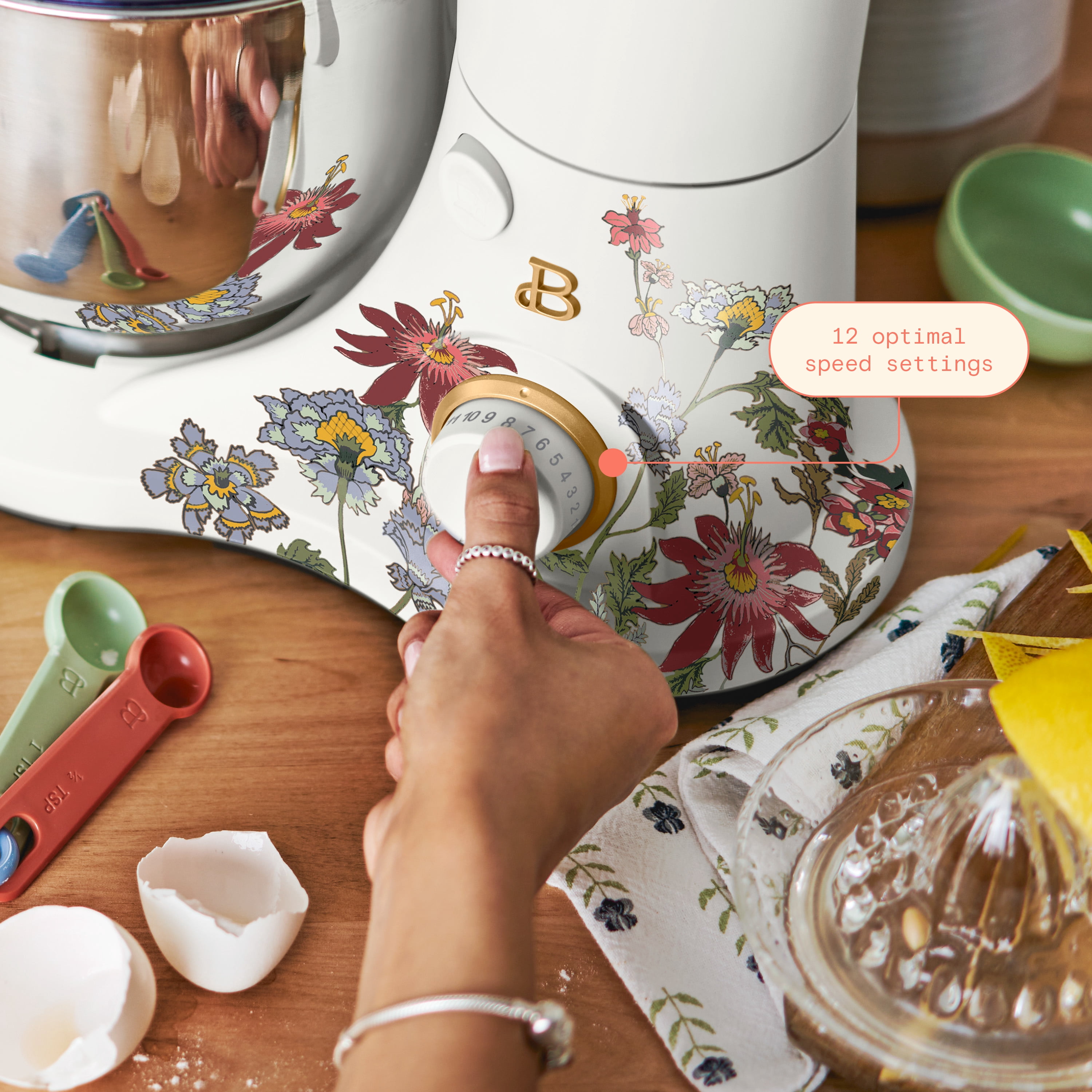 Beautiful 3.5 Qt Stand Mixer with Flat Beater, Dough Hook, Balloon Whisk, Wildflower White Icing by Drew Barrymore