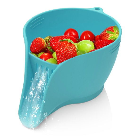 Multifunction Silicone Drain Basket with Drainage Spout Food Grade Fruit Vegetable Drainer Washing Bowl Strainer Basin Container Kitchen Supplies-Cyan