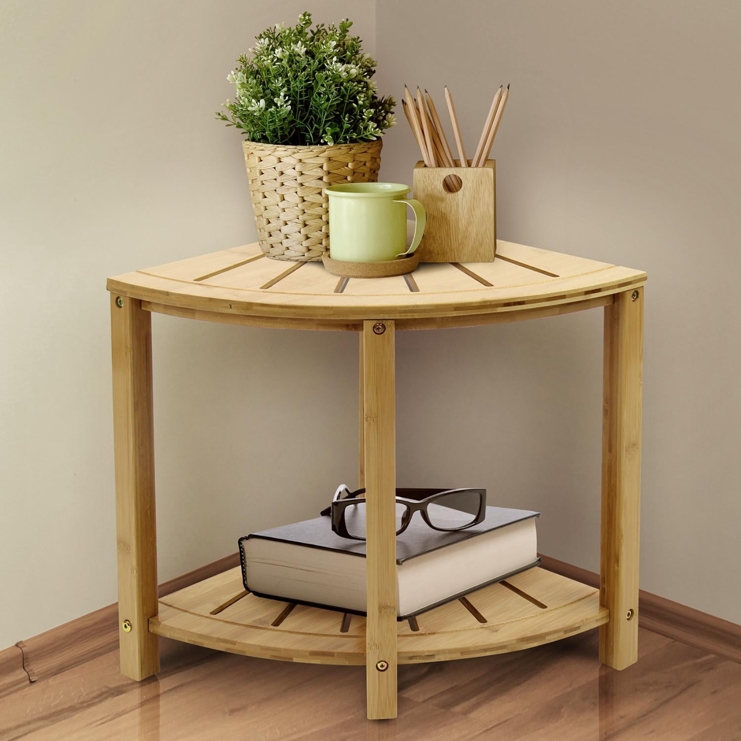 Sorbus Bamboo Shower Stool with Shelf, Corner Bath Bench, Waterproof Bathroom Seat, Natural