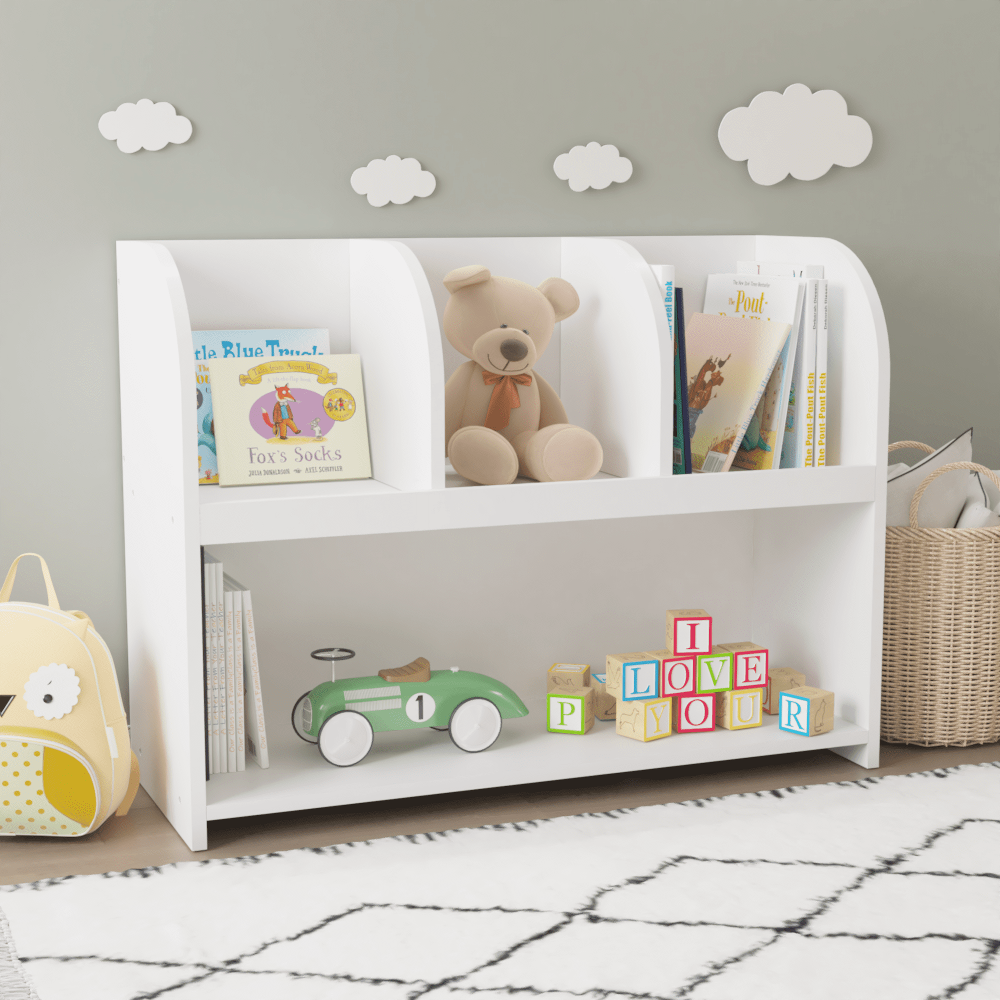 Yoneston Kids Storage Cabinet with 4 Compartments, Toy Storage Organizer Montessori Bookshelf for Children's Room Playroom Nursery, White