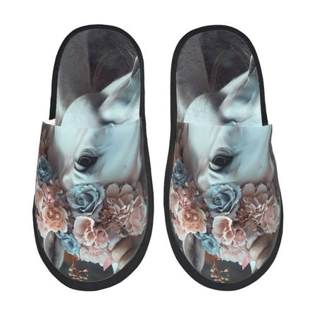 Balery Flower Crown White Horse Slient Indoor Furry Fleece Comfort House Shoes Soft Non-Slip Home Shoes Cotton slippers House Slippers-- Large