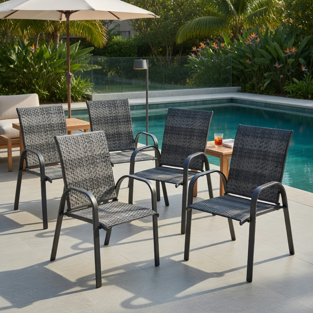 Hommoo 6-Pack Stackable Outdoor Dining Chairs, All-Weather PE Wicker & Rustproof Steel Frame, Patio, Garden & Poolside Use, Gray