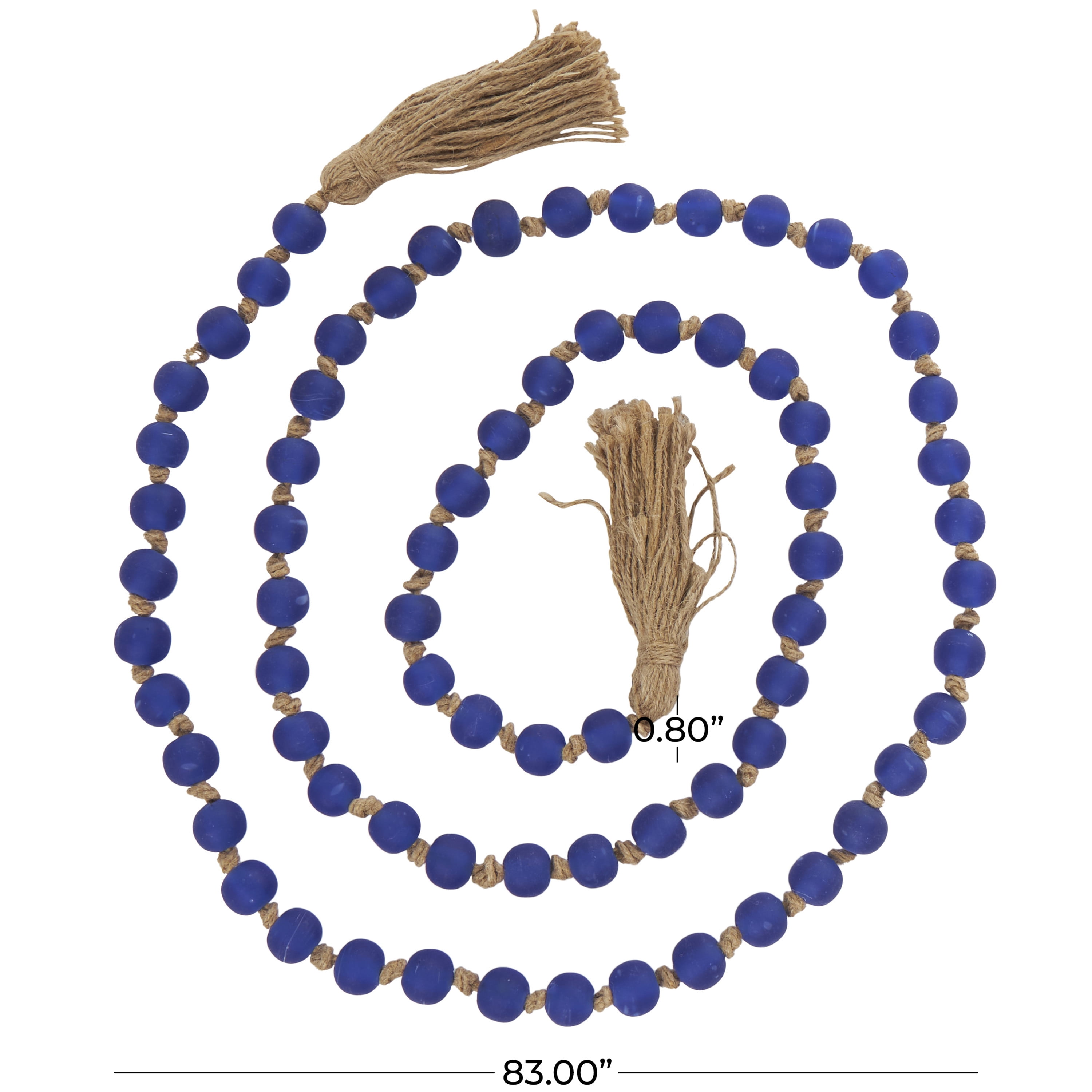DecMode Handmade Round Long Frosted Beaded Blue Glass Garland with Tassel with Knotted Brown Jute