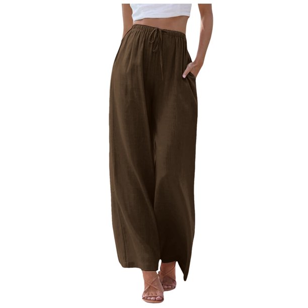 Pantalones anchos de cintura alta para mujer - Elásticos con cordón, pantalones informales con bolsillos