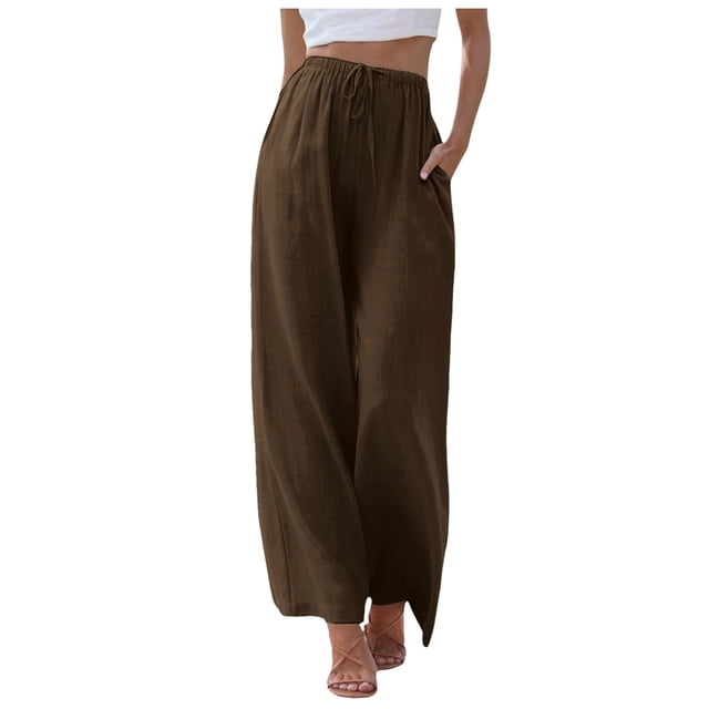 Pantalones anchos de cintura alta para mujer - Elásticos con cordón, pantalones informales con bolsillos