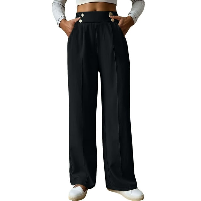 Women's Casual Straight Leg Pants - Side Button Design, Elastic Waist, Functional Pockets, Polyester, Sizes S-XXXL, 100-105cm Length, Machine Wash
