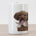 thumbnail image 3 of Poodle Ceramic Toothbrush Holder, Puppy Picturesque with a Ribbon Bow Tie, Decorative Versatile Countertop for Bathroom, 4.5" X 2.7", Grey Pink Pearl, 3 of 4