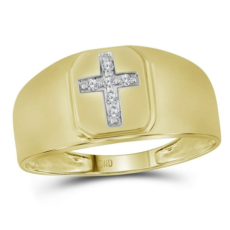10kt Yellow Gold Mens Round Diamond Christian Cross Brushed Band Ring 1/20...