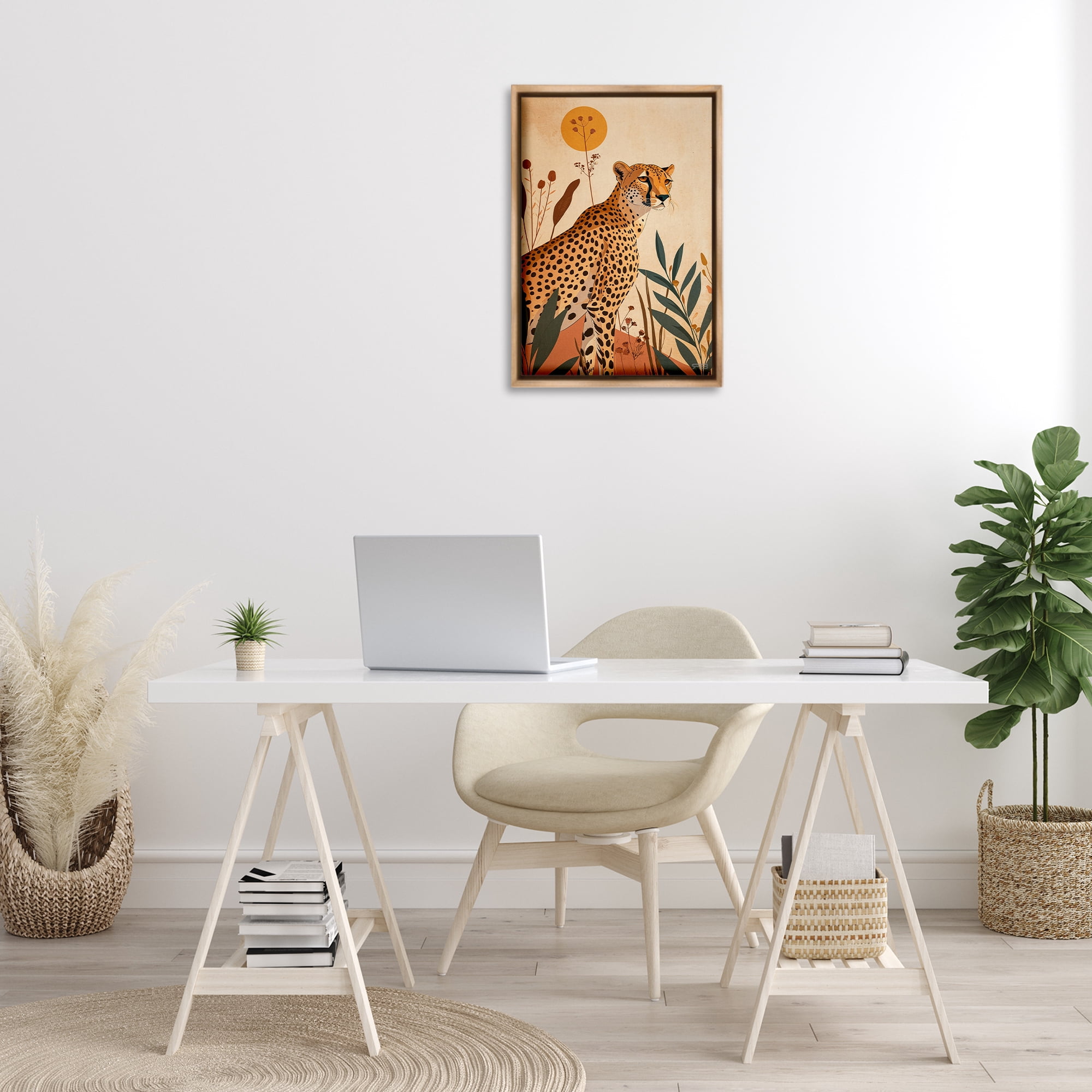 Stupell Industries Cheetah & Boho Plants Animals & Insects Painting Brown Floater Framed Canvas Art Print Wall Art, 17 x 25