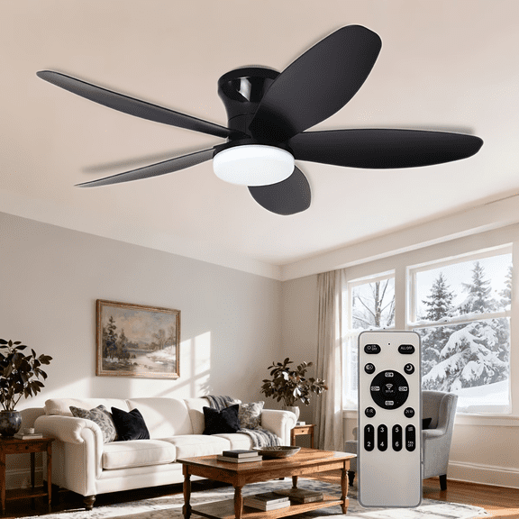 JLPAN Ceiling Fans with Lights, 36 Inch Low Profile Ceiling Fan with Light and Remote/APP Control, Flush Mount, 6 Speeds Reversible, LED Dimmable Modern Ceiling Fans for Bedroom,Indoor, Black