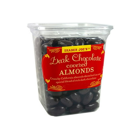 Trader Joe's Dark Chocolate Almonds Crunchy California Almonds Drenched in Rich Dark Chocolate no gluten or sodium, 16 oz