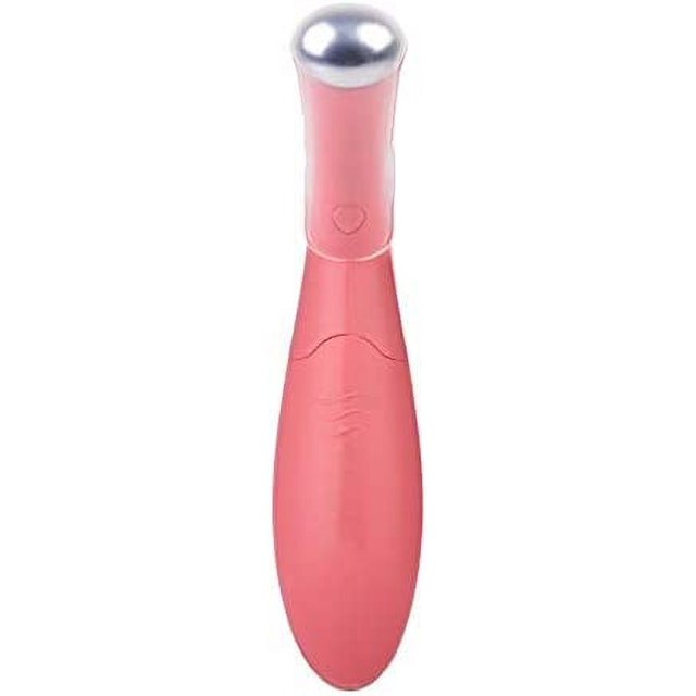 pluma de masaje de ojos de belleza ultrasónica lápiz masajeador de ojos para el cuidado facial lápiz para eliminar arrugas instrumento de belleza con vibración electrónica nutrición introduce stick rosa, vista frontal centrada con cabezal metálico redondeado y cuerpo cilíndrico con botón táctil en forma de corazón; especificado con luz roja y luz azul, vibración y calentamiento por radiofrecuencia según ficha técnica; indicado para masaje del contorno de ojos y mejorar la absorción de productos de cuidado; también se usa para masajes localizados en pómulos y sienes.