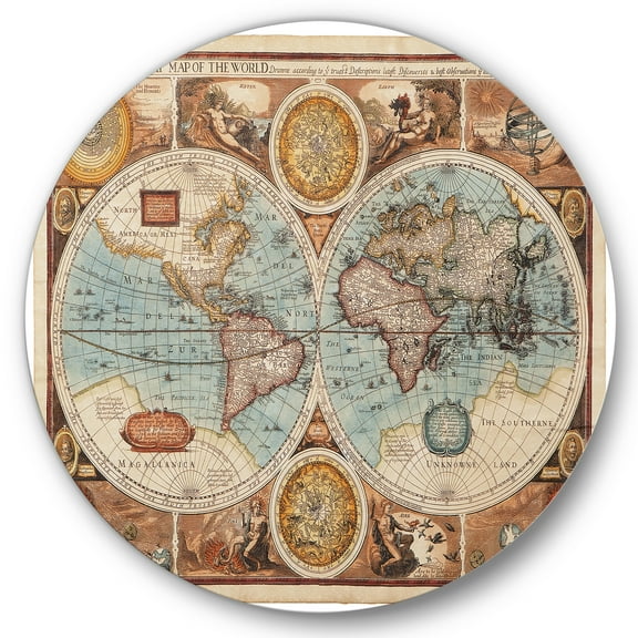 Designart 'Vintage Map of The World VIII' Vintage Circle Metal Wall Art 36x36 - Disc of 36