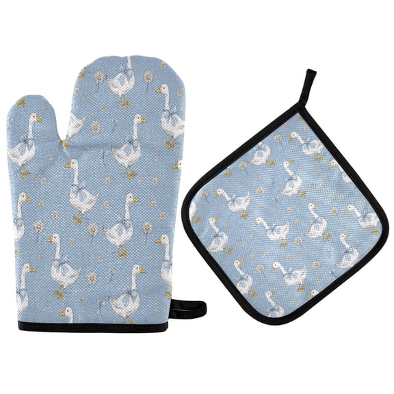 Heat-Resistant Reversible Oven Mitts and Pot Holders Set Double-Sided Insulated Gloves Kitchen Home Supplies Cute Geese and Daisies