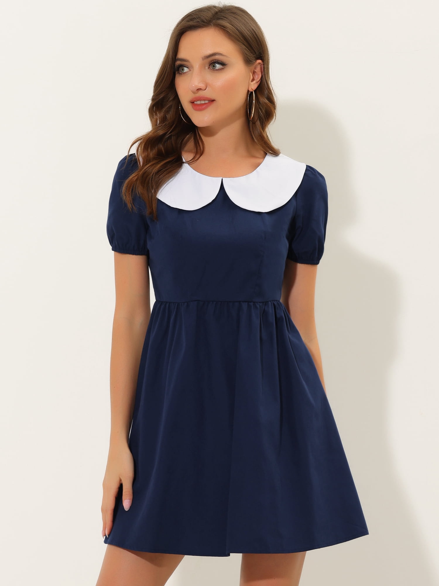 Unique Bargains Women's Contrast Peter Pan Collar Puff Sleeve Above Knee Dress XL Navy Blue