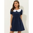 thumbnail image 2 of Unique Bargains Women's Contrast Peter Pan Collar Puff Sleeve Above Knee Dress M Navy Blue, 2 of 6