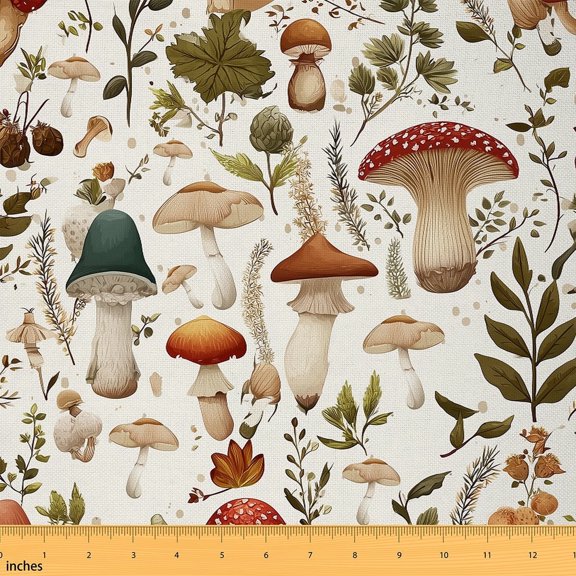 YST Wild Mushroom Fabric by The Yard Natural Plants DIY Waterproof Fabric Lovers Botanical Leaves Rustic Upholstery Fabric Vintage Flowers Woodland Mushrooms Decorative Fabric,White,5 Yards