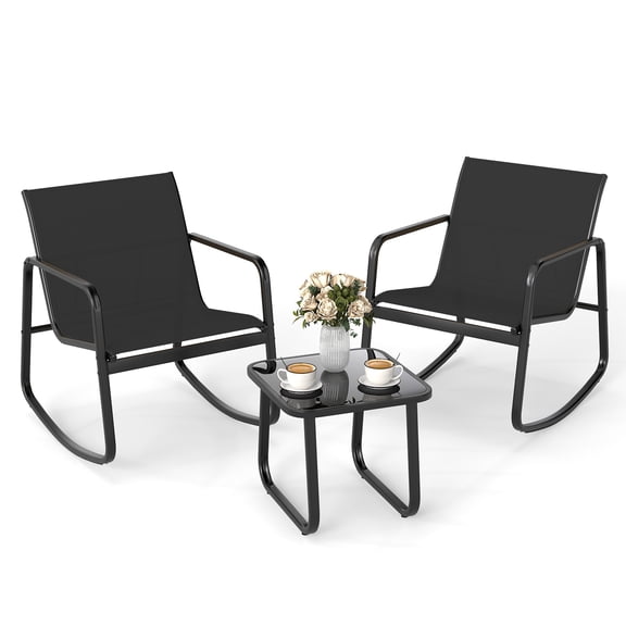 Gymax 3 Piece Rocking Bistro Set Patio Furniture Set w/ 2 Rocking Chairs & Glass-Top Coffee Table