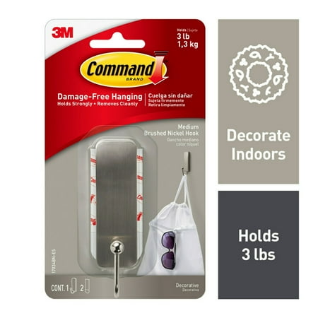 Command Medium Decorative Hooks, Matte Brushed Nickel, Damage Free Decorating, 1 Hook and 2 Strips