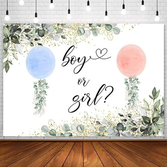 Watercolor Blue or Pink Balloons Gender Reveal Backdrop Greenery Boy or Girl Baby Shower Photography Background Eucalyptus Gender Reveal Party Decorations Banner Photo Studio Props