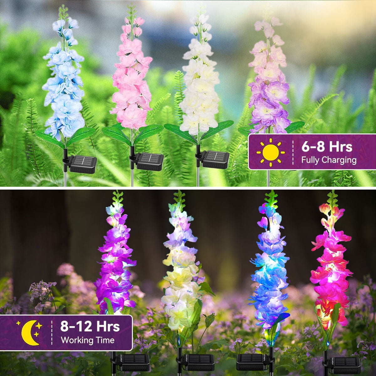 Syenll Delphinium Solar Flower Lights, 4 Pack Solar Garden Lights with 36 LEDs, Waterproof Solar Outdoor Lights for Yard Patio Lawn Decor