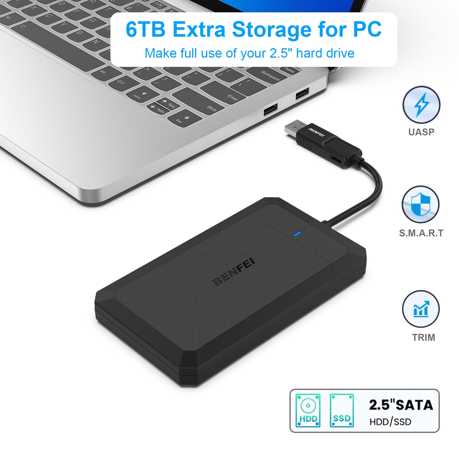 BENFEI 2.5 inch SATA to USB tool free external hard drive enclosure, USB C/A to Sata compatible for 2.5” SSD(optimized for SSD, support UASP SATA III)
