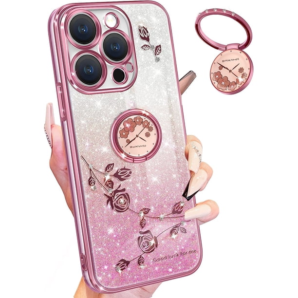 (3 en 1 para Apple iPhone 14 Pro Funda con purpurina brillante para mujeres y niñas Brillante Chica Brillante Bling Funda de teléfono Lindas flores Diseño floral con soporte para anillo Bonitas