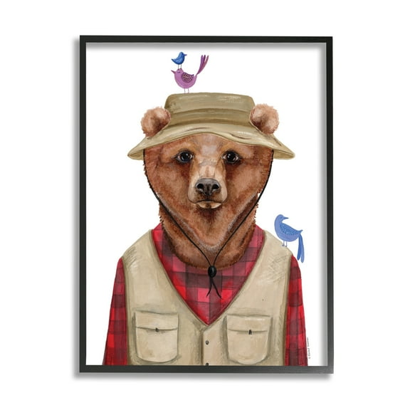 Stupell Industries Red Tartan Bear Camping Gear Small Birds Framed Wall Art, 24 x 30, Design by Rachel Nieman