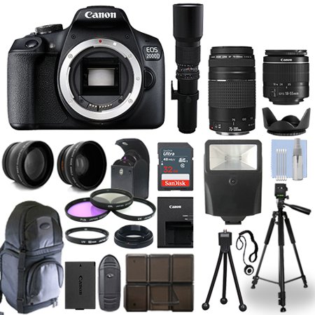 Canon EOS 2000D / T7 DSLR Camera + 5 Lens Kit: 18-55mm + 70-300mm + 500mm & More