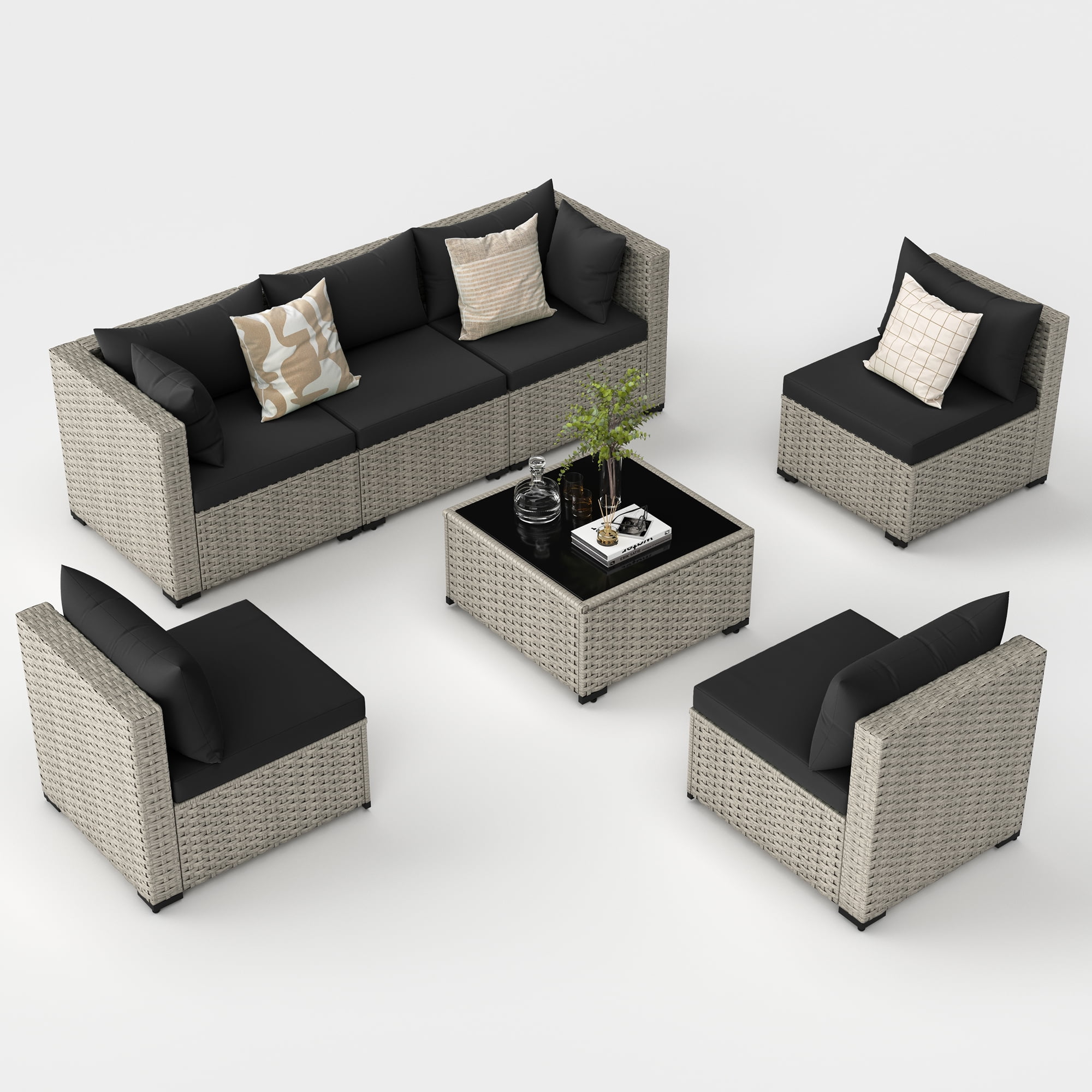 MRUAKA 7 Pieces Patio Conversation Set, Outdoor Sectional PE Rattan Wicker Furniture Seat,BLACK