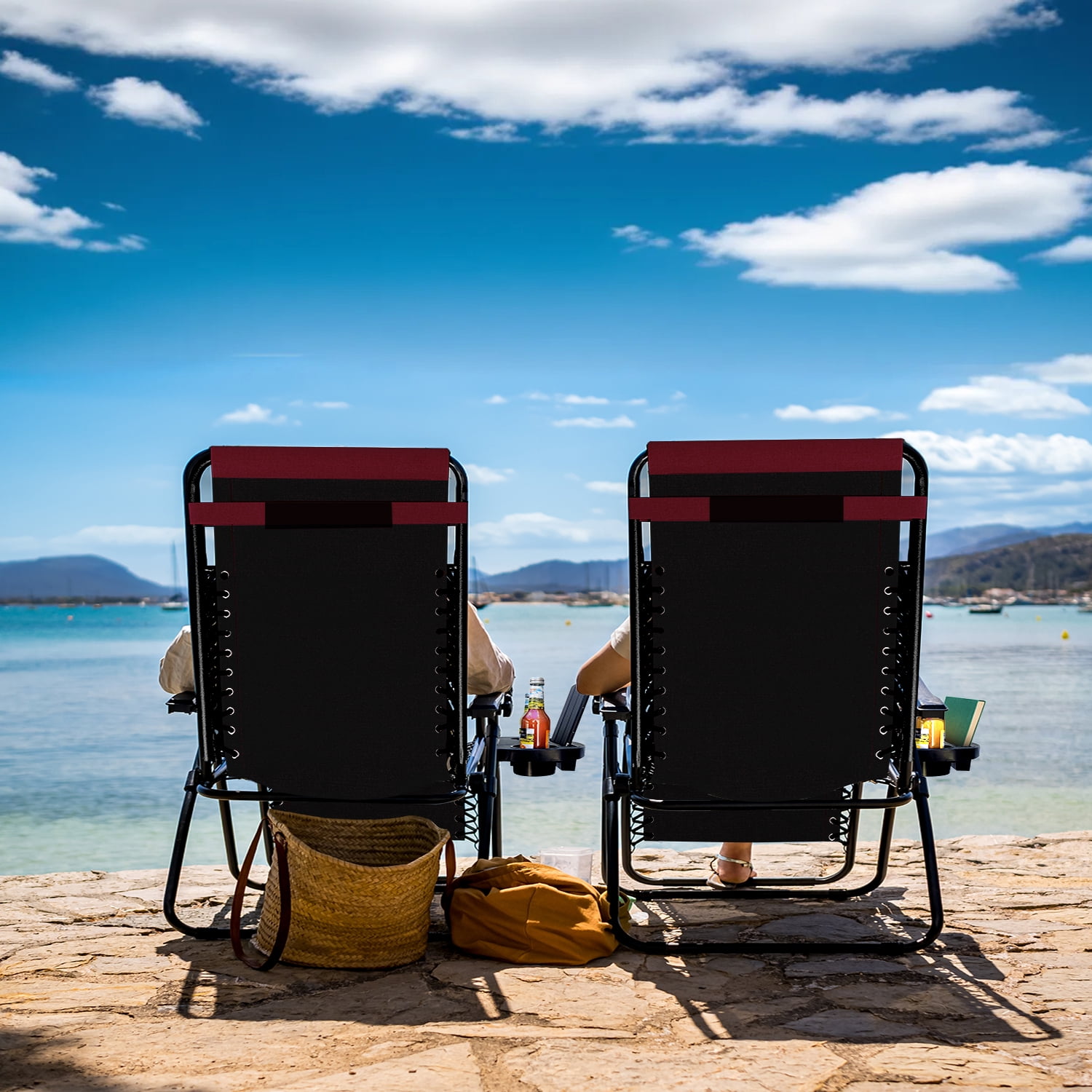 LammaLoe Padded Zero Gravity Chair set of 2, Oversized, Lounge Chair Outdoor, with Adjustable Headrest and Side Tray, 330 lbs Capacity – Black/Burgendy