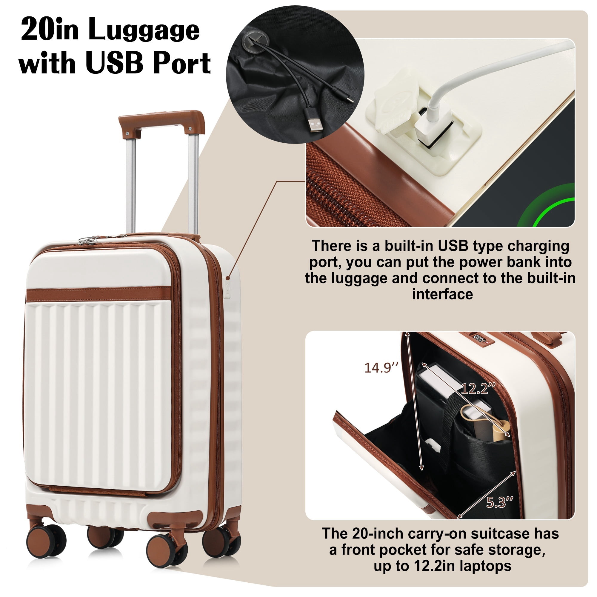 Euroco 3 Piece Front Opening Luggage Set, Hardshell Expandable Carry on Suitcase with Spinner Wheels,USB Port & TSA Lock, Lightweight Luggage for Travel,20in/24in/28in,White