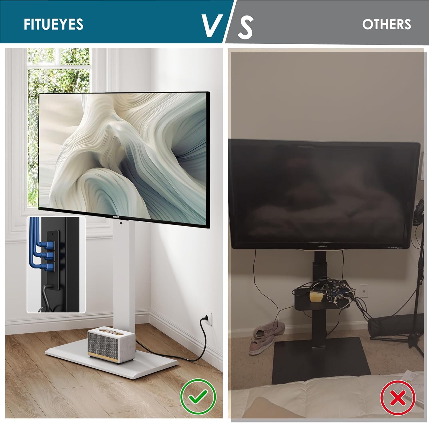 FITUEYES Floor TV Stand for 50–85 Inch TVs, White, Power Outlet, Swivel Mount, Iron Base