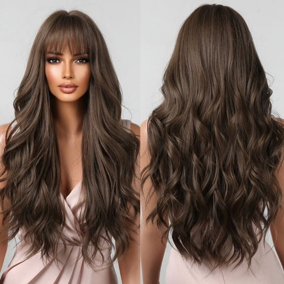 Mictong 26 inch straight bangs long curly hair wig, synthetic straight bangs wig, naturally fluffy long wavy wig, soft high temperature silk straight bangs wig, 1 piece, brown