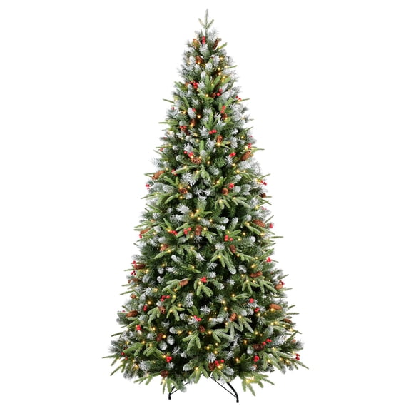 Lighted Artificial Christmas Tree with 2178 PE/PVC Branch Tips, 450 Lights, Pine Cones and Red Berries, Foldable Metal Base for Holiday Home Decor
