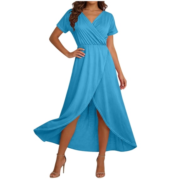 Womens Summer Short Sleeve Casual Dresses V-Neck Beach Dress Maxi Dress With High Slit Light Blue XL
