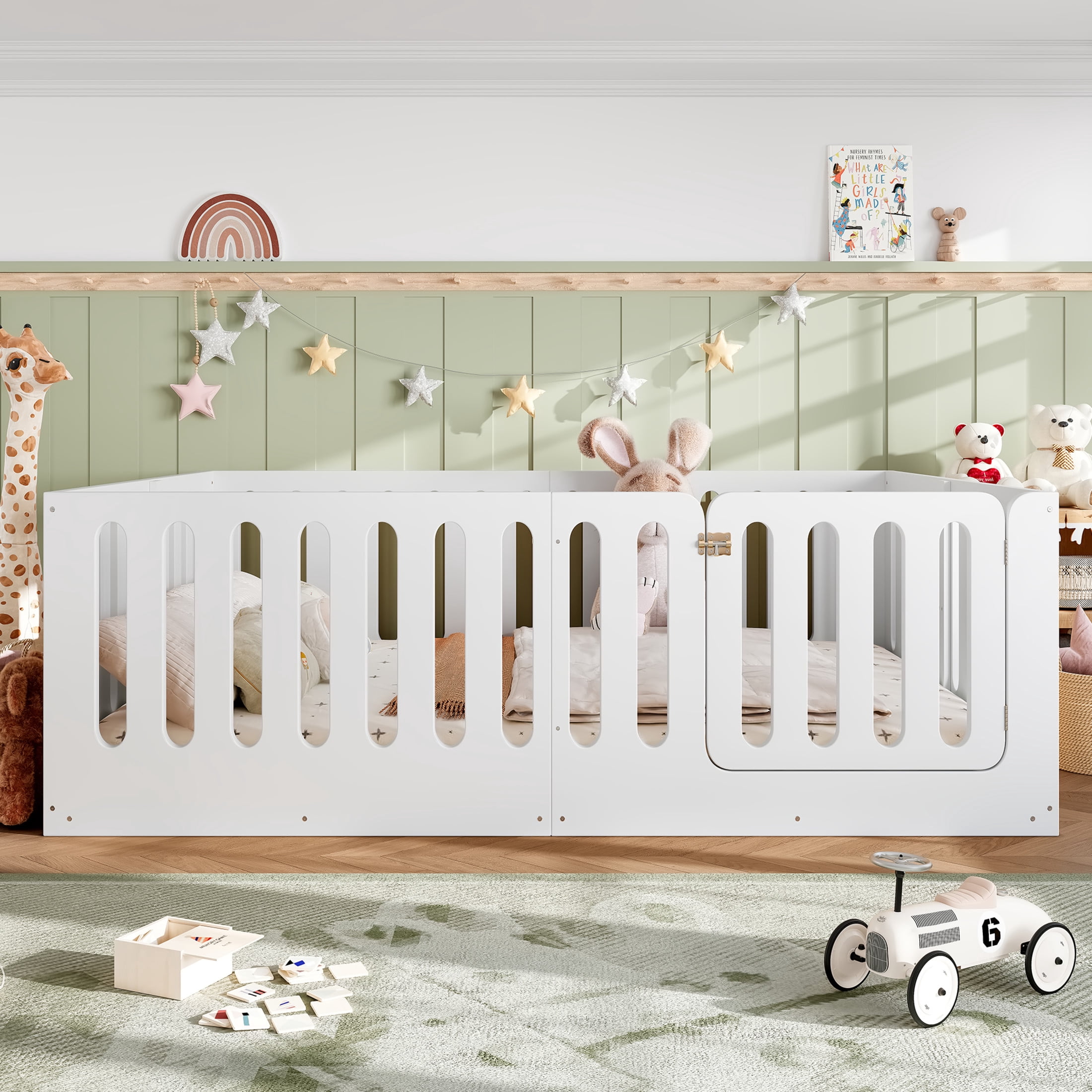 Noble House Queen Size Montessori Floor Bed with High Fence, Solid Wood Kids Bed Frame, White