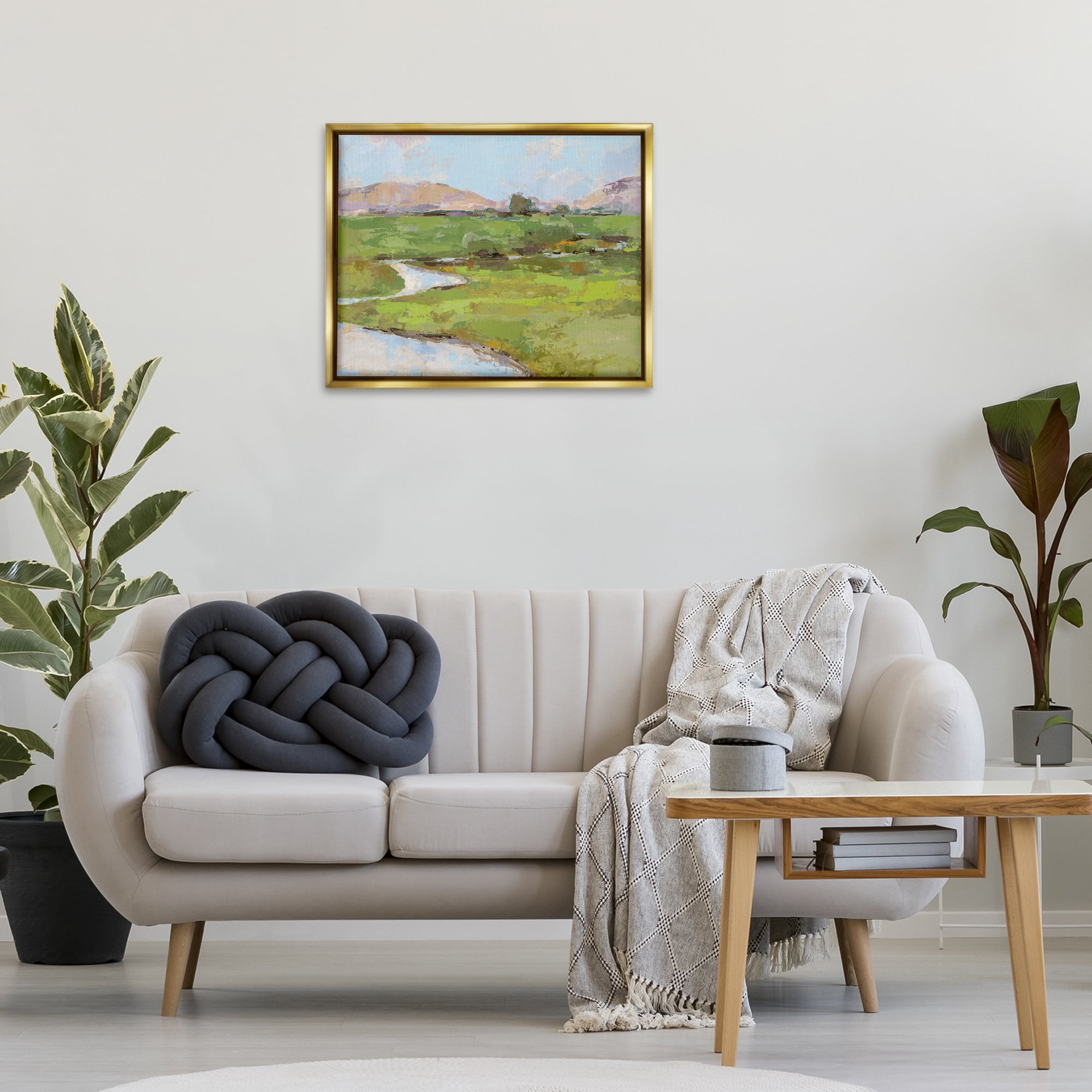 Stupell Industries Hillside Winding Stream Landscape Painting Gold Floater Framed Art Print Wall Art, 31 x 25