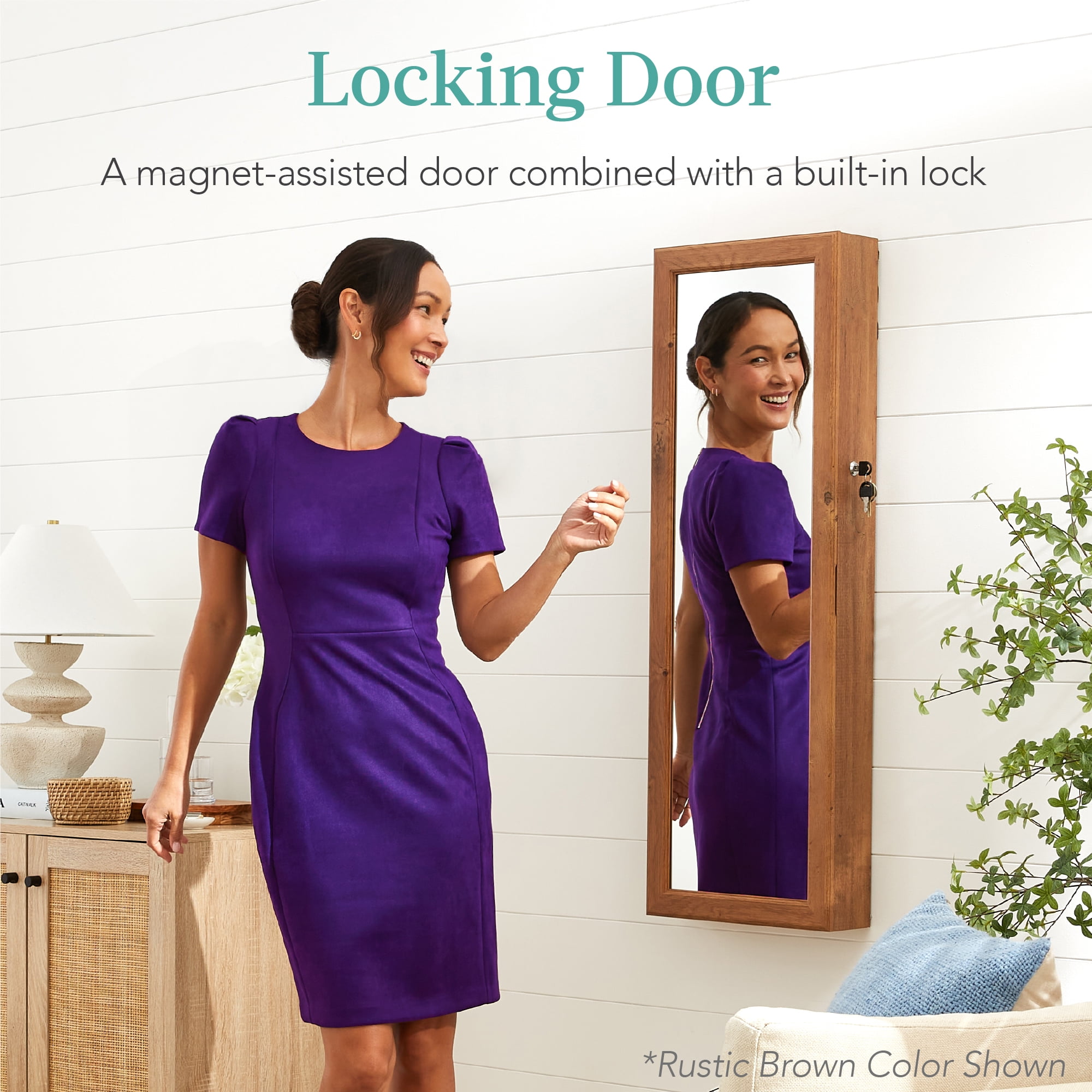 Best Choice Products Hanging Mirror Jewelry Armoire, Door or Wall Mounted Cabinet w/ LED Lights, Lock - Gray Oak