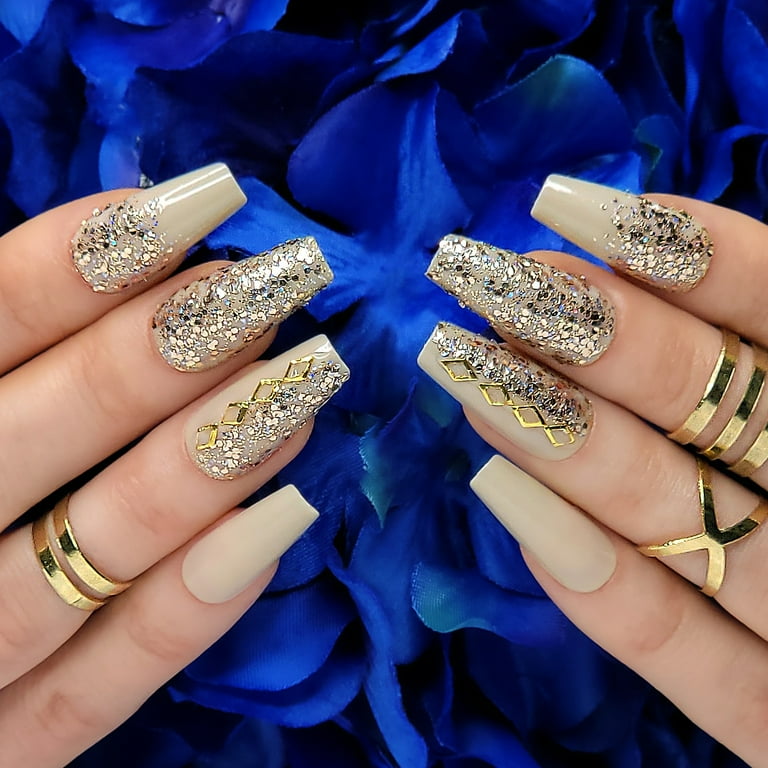 Gold Gem Press on Nails, Gems and Gold Glitter