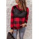 thumbnail image 2 of ABPHQTO Sudadera roja de manga larga con paneles de cuadros de mujer, 2 of 5