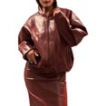 thumbnail image 3 of Women'S Elegant Glossy Leather Jacket with Lapel, Long Sleeves & Zipper Pocket Red M, 3 of 7