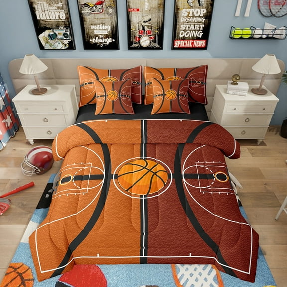 Erosebridal Twin Size Basketball Bedding Set 7 Pieces Sports Theme Comforter For Bedroom Decor Ball Games Sheet Set Brown Court Decor Bed Set With 1 Pillow Case