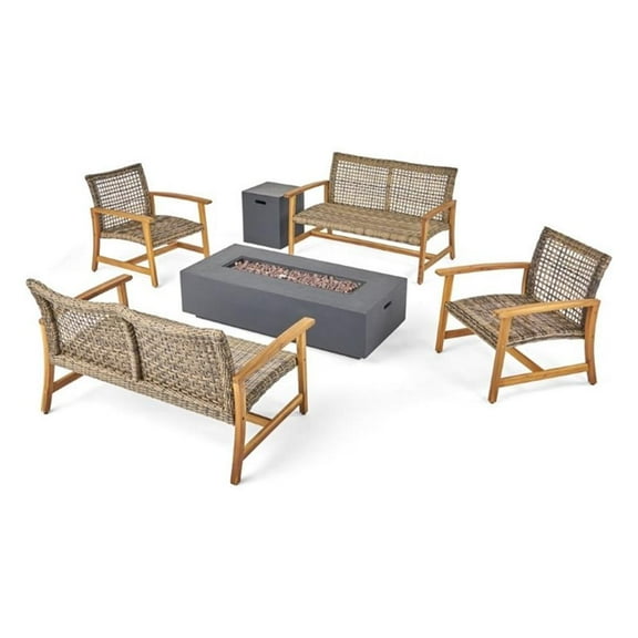 Noble House Augusta 6 Piece Outdoor Wood and Wicker Loveseat Set in Gray
